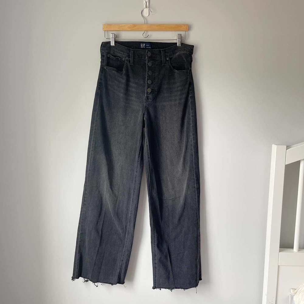 Gap Denim Women's Black Button Fly Wide Leg Raw Edge Hem Jeans Size 10/30T